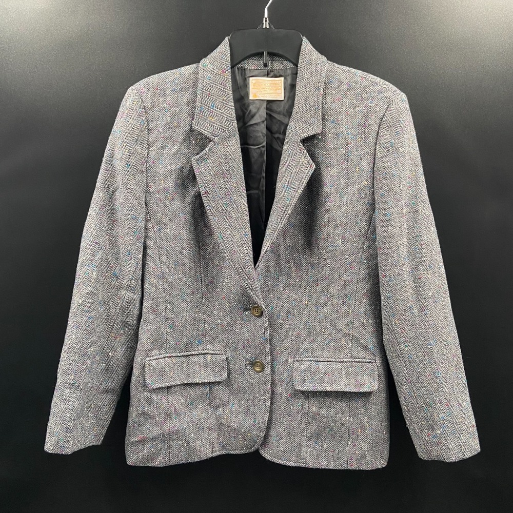 Vtg Pendleton Gray Confetti Herringbone Tweed 100% Virgin Wool Blazer Women 8 US